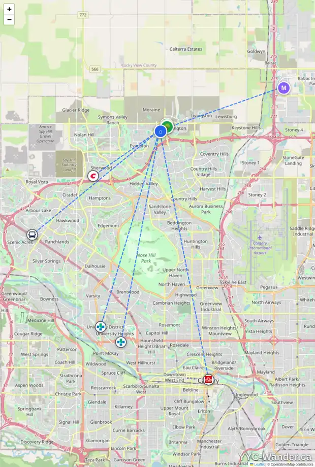 Daily accessibility map for 433 EVANSTON WY NW, Calgary showing nearby schools, grocery stores, parks, LRT stations and nearby amenities