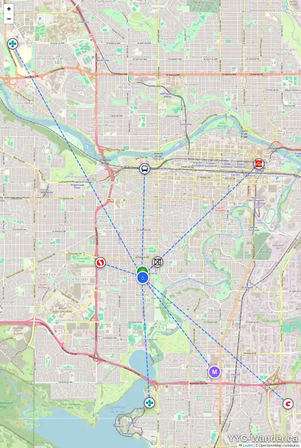 Daily accessibility map for 3919 16 ST SW, Calgary showing nearby schools, grocery stores, parks, LRT stations and nearby amenities