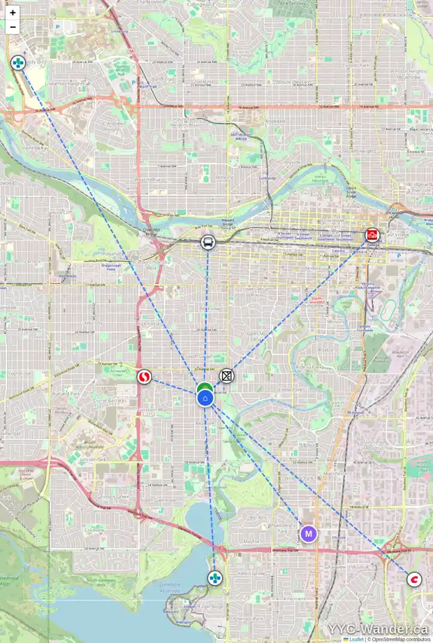 Daily accessibility map for 3917 16 ST SW, Calgary showing nearby schools, grocery stores, parks, LRT stations and nearby amenities