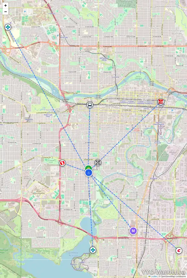 Daily accessibility map for 3923 16 ST SW, Calgary showing nearby schools, grocery stores, parks, LRT stations and nearby amenities