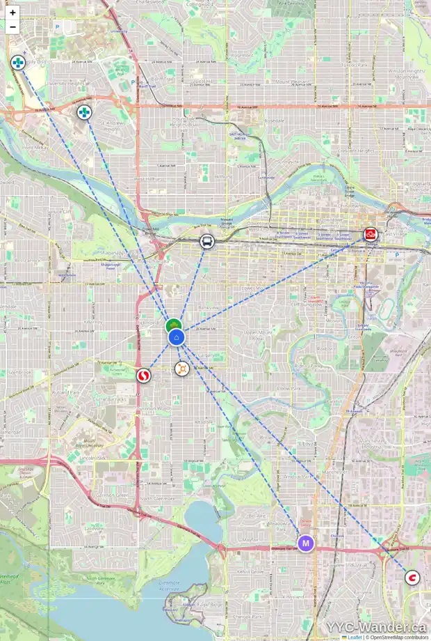 Daily accessibility map for 2021 27 AV SW, Calgary showing nearby schools, grocery stores, parks, LRT stations and nearby amenities