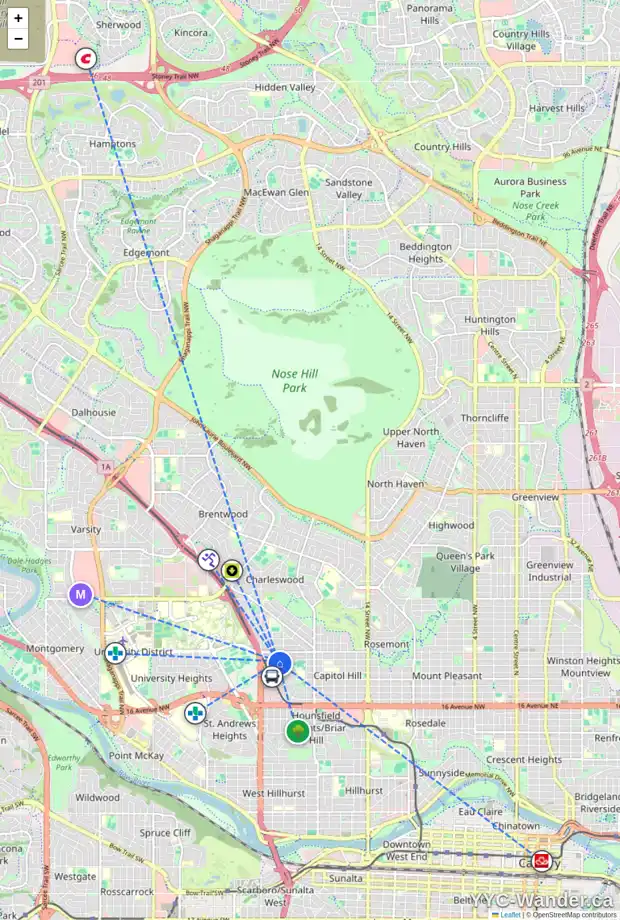 Daily accessibility map for 2427 22A ST NW, Calgary showing nearby schools, grocery stores, parks, LRT stations and nearby amenities