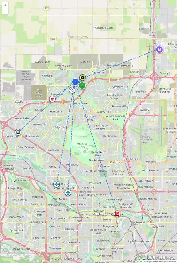 Daily accessibility map for 251 EVANSVIEW RD NW, Calgary showing nearby schools, grocery stores, parks, LRT stations and nearby amenities