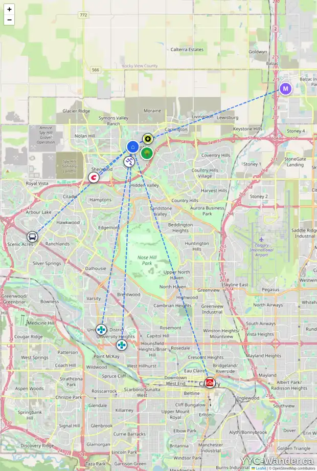 Daily accessibility map for 173 EVANSRIDGE VW NW, Calgary showing nearby schools, grocery stores, parks, LRT stations and nearby amenities