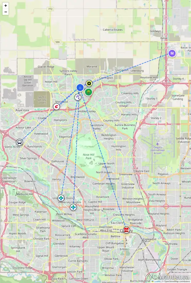 Daily accessibility map for 157 EVANSRIDGE VW NW, Calgary showing nearby schools, grocery stores, parks, LRT stations and nearby amenities
