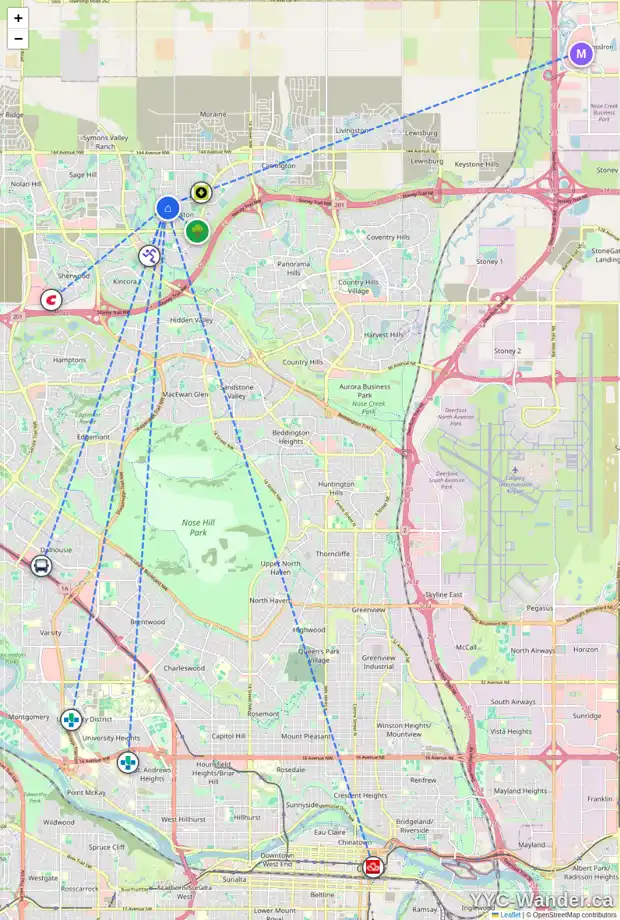 Daily accessibility map for 44 EVANSRIDGE CO NW, Calgary showing nearby schools, grocery stores, parks, LRT stations and nearby amenities