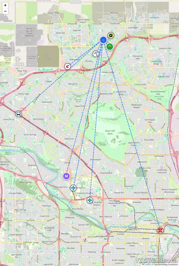 Daily accessibility map for 140 EVANSRIDGE CO NW, Calgary showing nearby schools, grocery stores, parks, LRT stations and nearby amenities