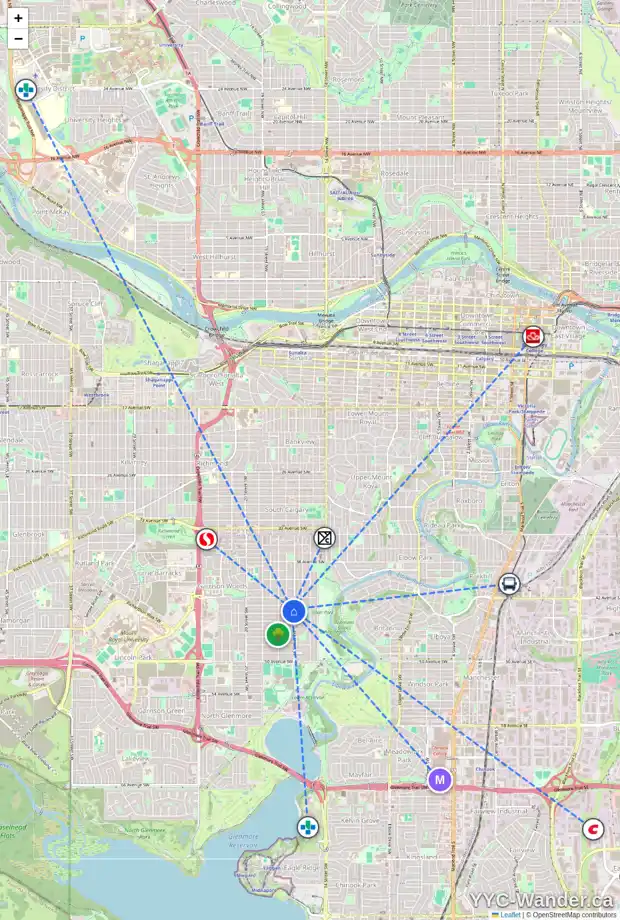 Daily accessibility map for 4413 16 ST SW, Calgary showing nearby schools, grocery stores, parks, LRT stations and nearby amenities