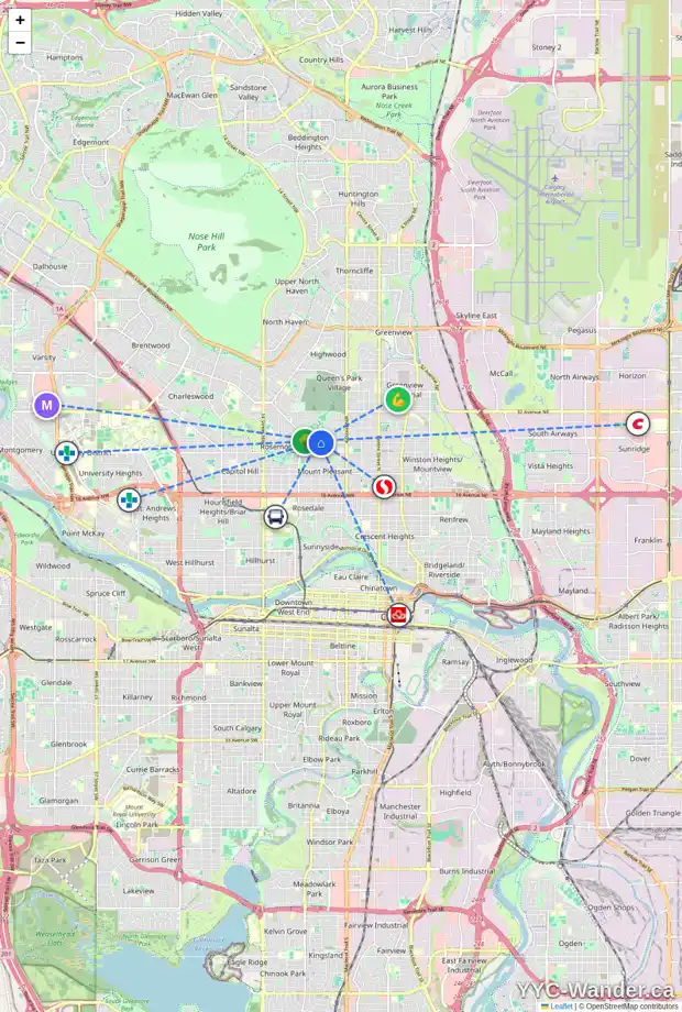 Daily accessibility map for 732 26 AV NW, Calgary showing nearby schools, grocery stores, parks, LRT stations and nearby amenities