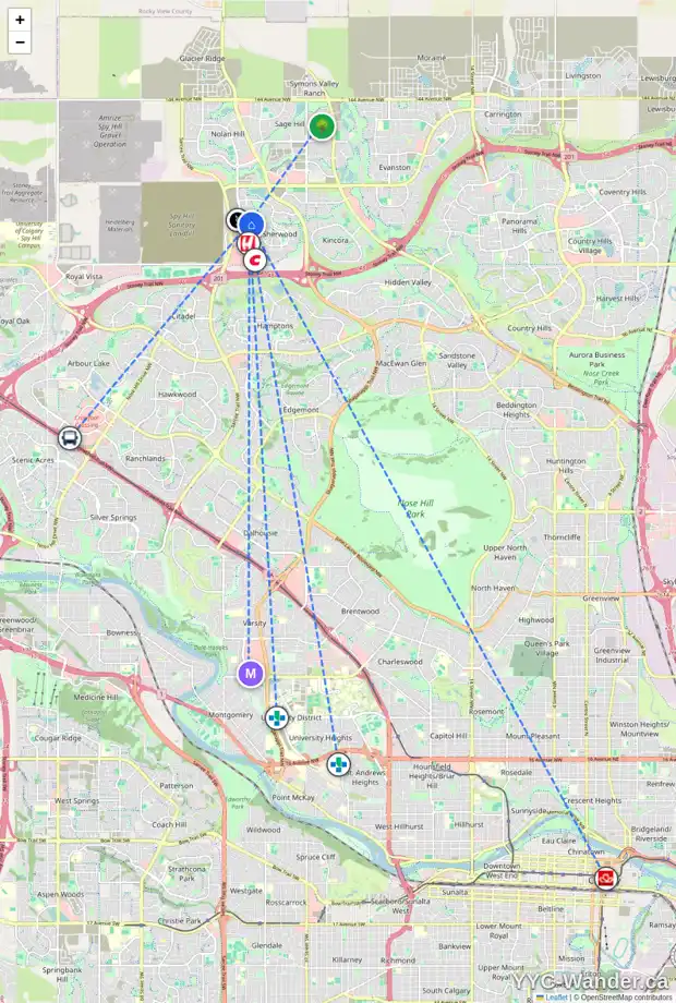 Daily accessibility map for 3000 1540 SHERWOOD BV NW, Calgary showing nearby schools, grocery stores, parks, LRT stations and nearby amenities