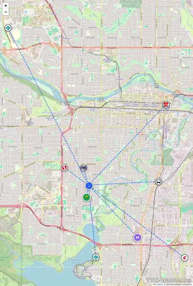 Daily accessibility map for 4223 16A ST SW, Calgary showing nearby schools, grocery stores, parks, LRT stations and nearby amenities