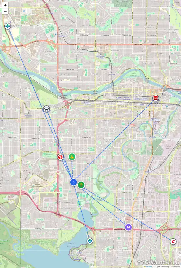 Daily accessibility map for 2039 45 AV SW, Calgary showing nearby schools, grocery stores, parks, LRT stations and nearby amenities