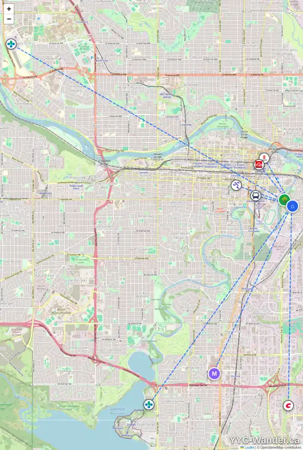 Daily accessibility map for 611 ALBERTA AV SE, Calgary showing nearby schools, grocery stores, parks, LRT stations and nearby amenities