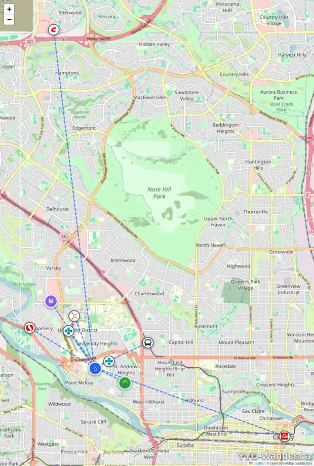 Daily accessibility map for 3628 8 AV NW, Calgary showing nearby schools, grocery stores, parks, LRT stations and nearby amenities