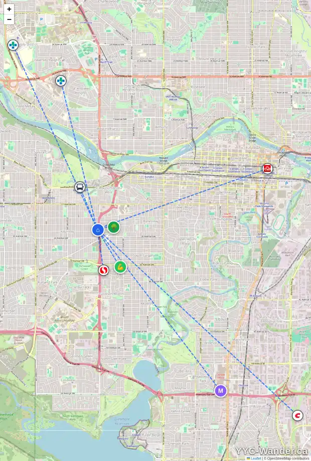 Daily accessibility map for 2 2428 24A ST SW, Calgary showing nearby schools, grocery stores, parks, LRT stations and nearby amenities