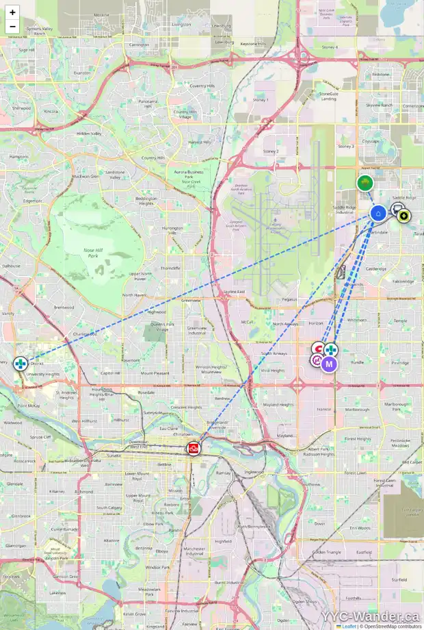 Daily accessibility map for 147 MARTHA'S MEADOW CL NE, Calgary showing nearby schools, grocery stores, parks, LRT stations and nearby amenities