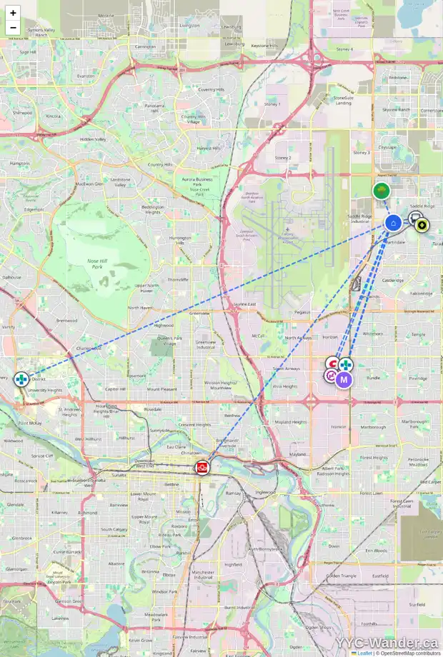 Daily accessibility map for 119 MARTHA'S MEADOW CL NE, Calgary showing nearby schools, grocery stores, parks, LRT stations and nearby amenities