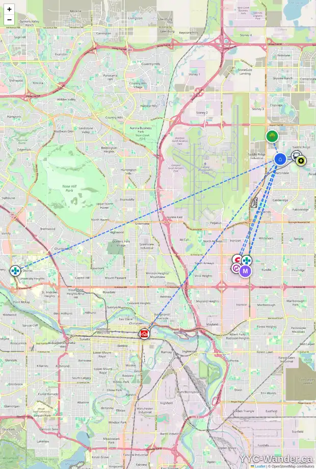 Daily accessibility map for 111 MARTHA'S MEADOW CL NE, Calgary showing nearby schools, grocery stores, parks, LRT stations and nearby amenities