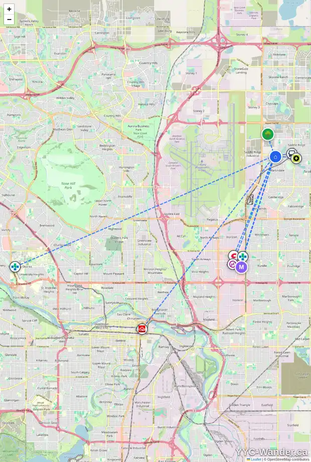 Daily accessibility map for 107 MARTHA'S MEADOW CL NE, Calgary showing nearby schools, grocery stores, parks, LRT stations and nearby amenities