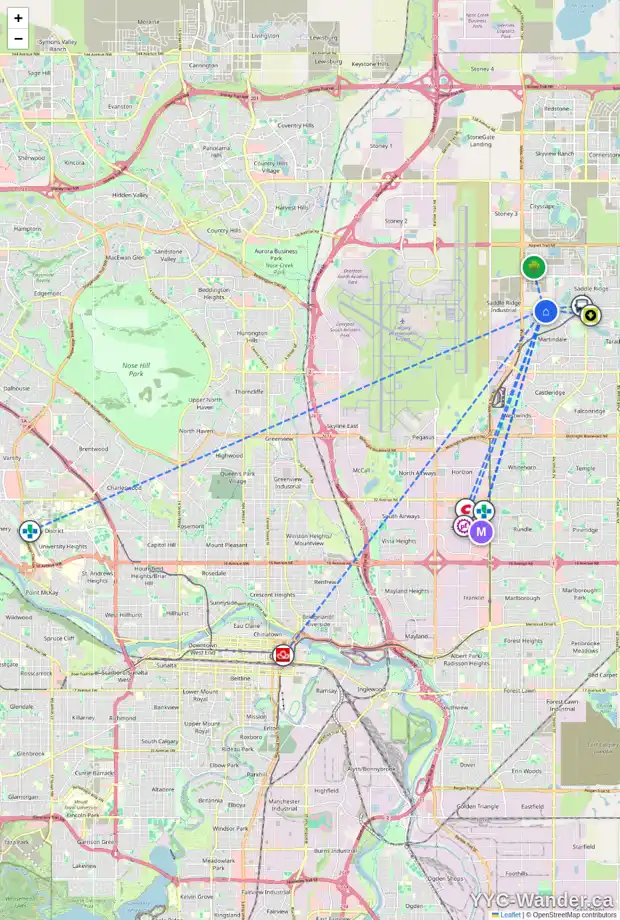 Daily accessibility map for 75 MARTHA'S MEADOW CL NE, Calgary showing nearby schools, grocery stores, parks, LRT stations and nearby amenities