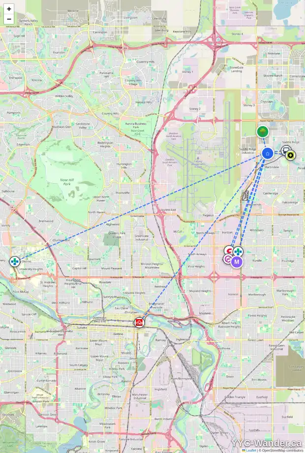 Daily accessibility map for 55 MARTHA'S MEADOW CL NE, Calgary showing nearby schools, grocery stores, parks, LRT stations and nearby amenities