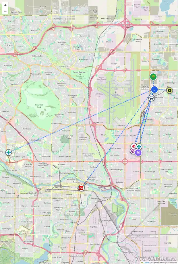 Daily accessibility map for 46 MARTHA'S HAVEN WY NE, Calgary showing nearby schools, grocery stores, parks, LRT stations and nearby amenities