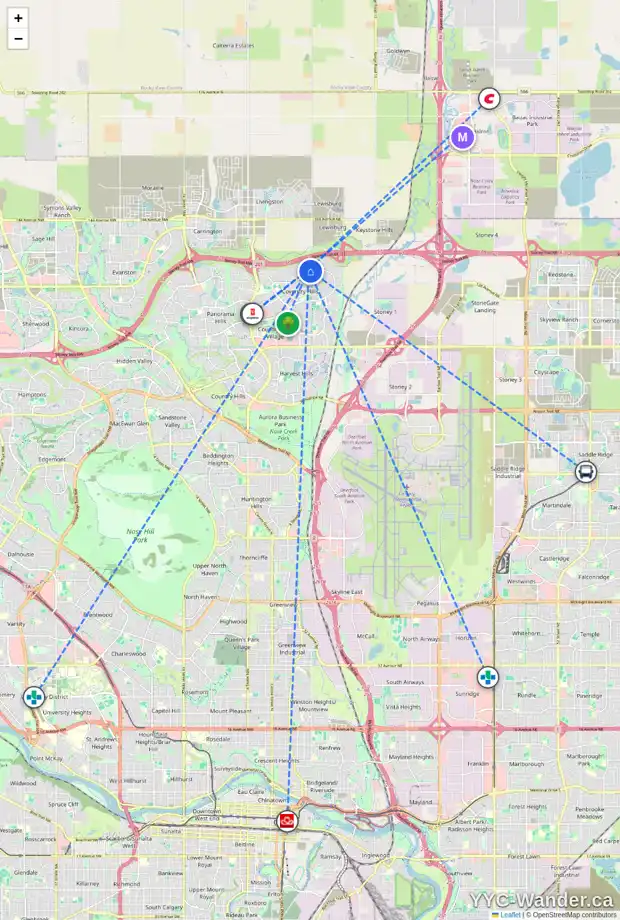 Daily accessibility map for 455 COVECREEK CI NE, Calgary showing nearby schools, grocery stores, parks, LRT stations and nearby amenities