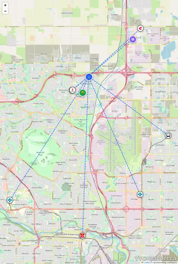 Daily accessibility map for 343 COVECREEK CI NE, Calgary showing nearby schools, grocery stores, parks, LRT stations and nearby amenities
