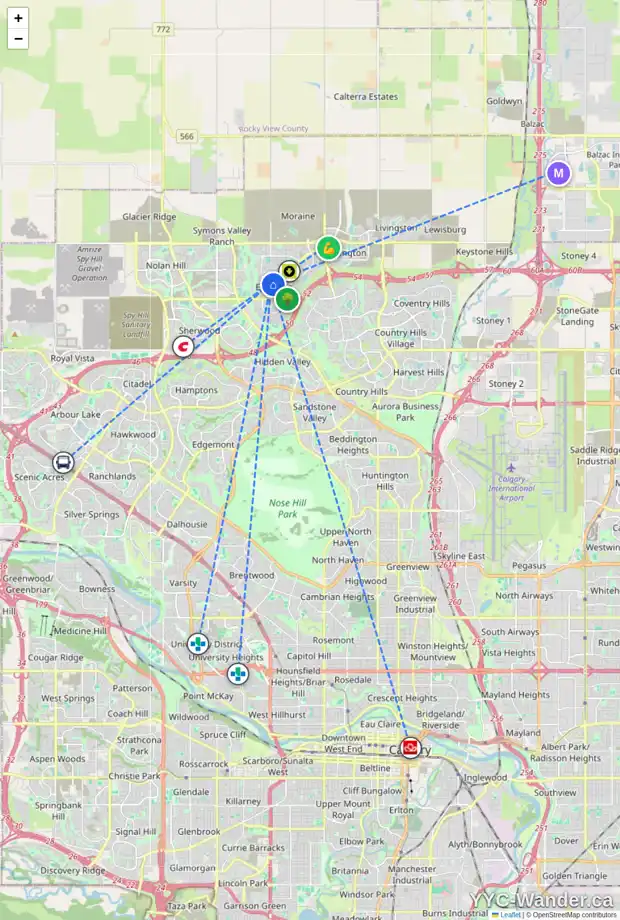 Daily accessibility map for 907 EVANSTON SQ NW, Calgary showing nearby schools, grocery stores, parks, LRT stations and nearby amenities