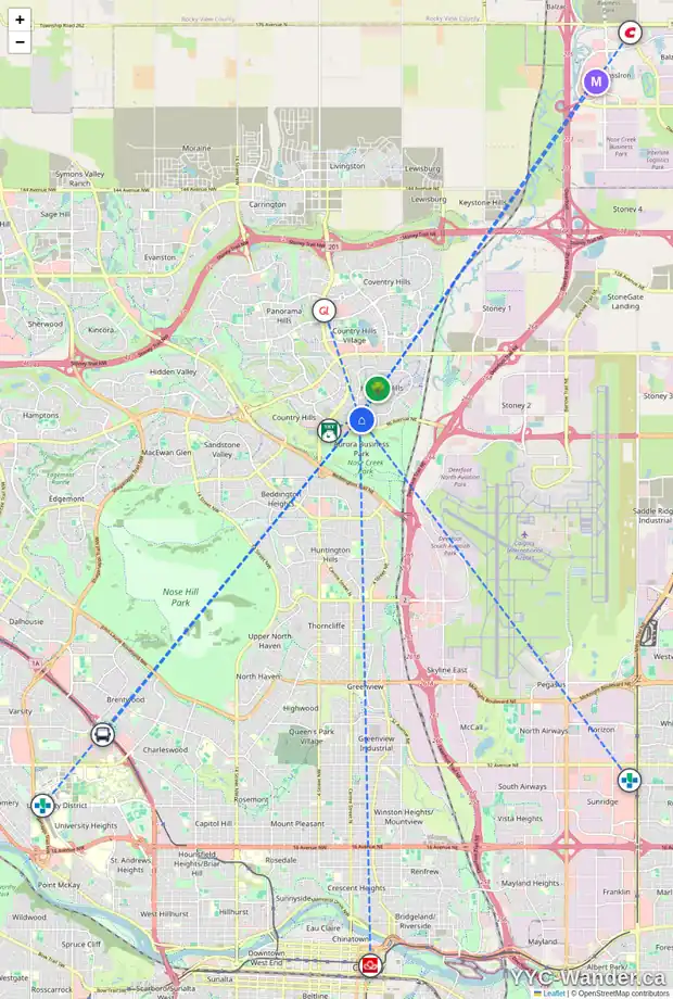 Daily accessibility map for 86 HARVEST ROSE CI NE, Calgary showing nearby schools, grocery stores, parks, LRT stations and nearby amenities