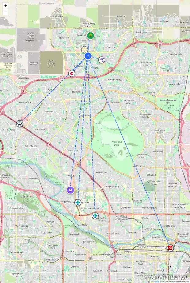 Daily accessibility map for 2 KINLEA CM NW, Calgary showing nearby schools, grocery stores, parks, LRT stations and nearby amenities