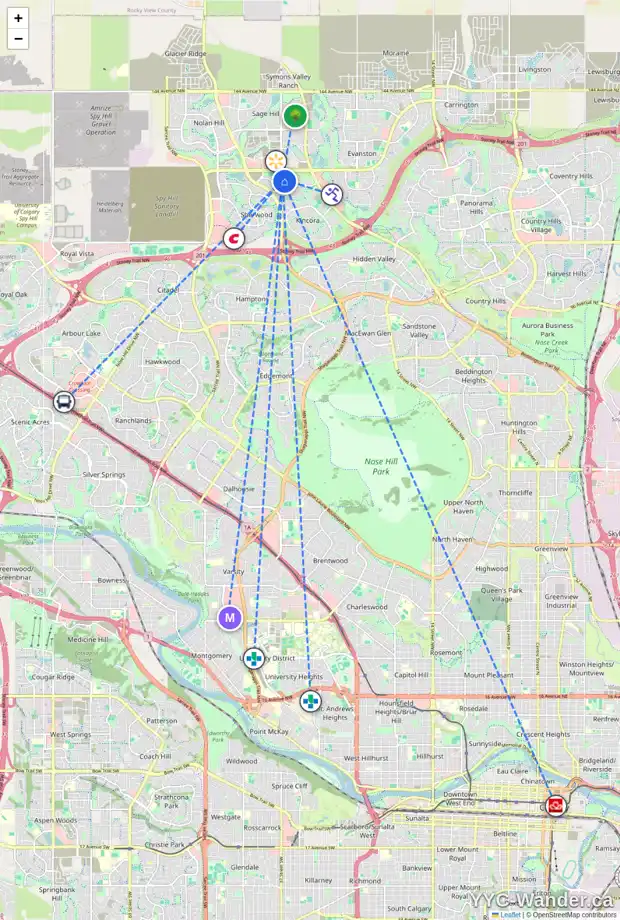 Daily accessibility map for 31 KINLEA CM NW, Calgary showing nearby schools, grocery stores, parks, LRT stations and nearby amenities