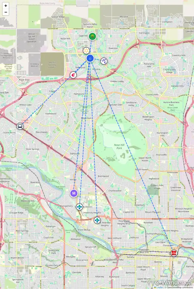 Daily accessibility map for 19 KINLEA WY NW, Calgary showing nearby schools, grocery stores, parks, LRT stations and nearby amenities