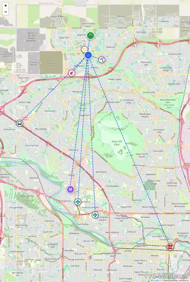 Daily accessibility map for 73 KINLEA WY NW, Calgary showing nearby schools, grocery stores, parks, LRT stations and nearby amenities