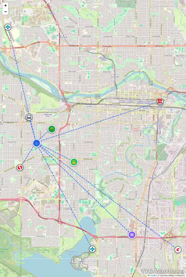 Daily accessibility map for 2640 31 ST SW, Calgary showing nearby schools, grocery stores, parks, LRT stations and nearby amenities