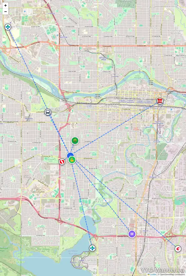 Daily accessibility map for 2142 32 AV SW, Calgary showing nearby schools, grocery stores, parks, LRT stations and nearby amenities