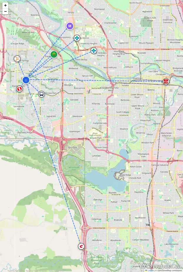 Daily accessibility map for 165 ASPEN SUMMIT CI SW, Calgary showing nearby schools, grocery stores, parks, LRT stations and nearby amenities