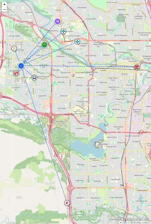 Daily accessibility map for 173 ASPEN SUMMIT CI SW, Calgary showing nearby schools, grocery stores, parks, LRT stations and nearby amenities