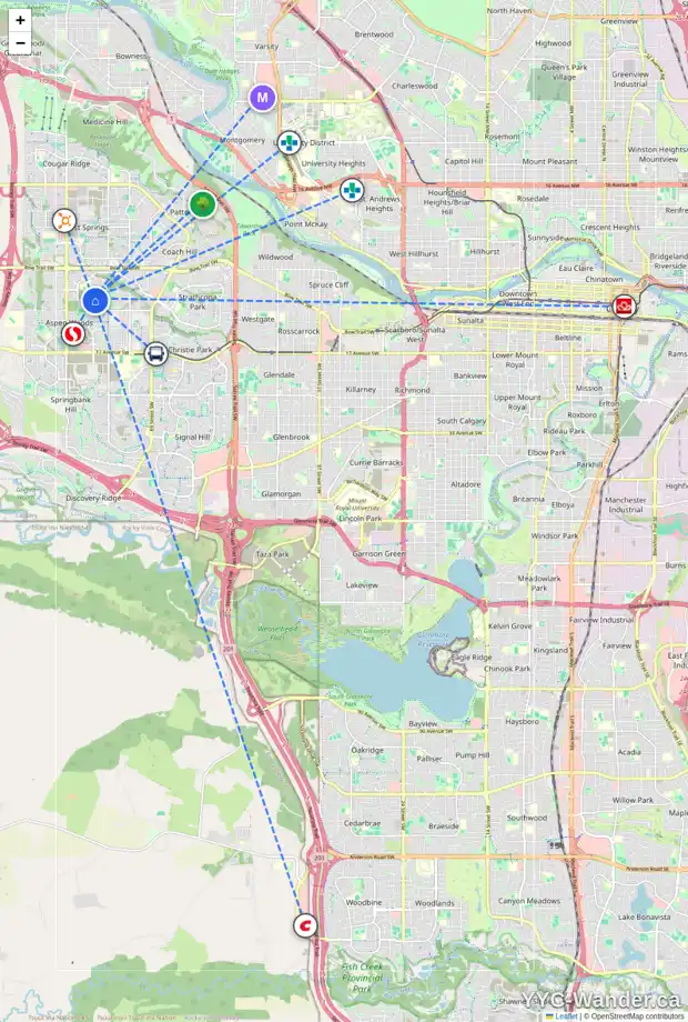 Daily accessibility map for 177 ASPEN SUMMIT CI SW, Calgary showing nearby schools, grocery stores, parks, LRT stations and nearby amenities
