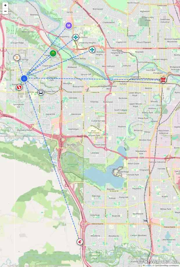Daily accessibility map for 9 ASPEN SUMMIT CI SW, Calgary showing nearby schools, grocery stores, parks, LRT stations and nearby amenities