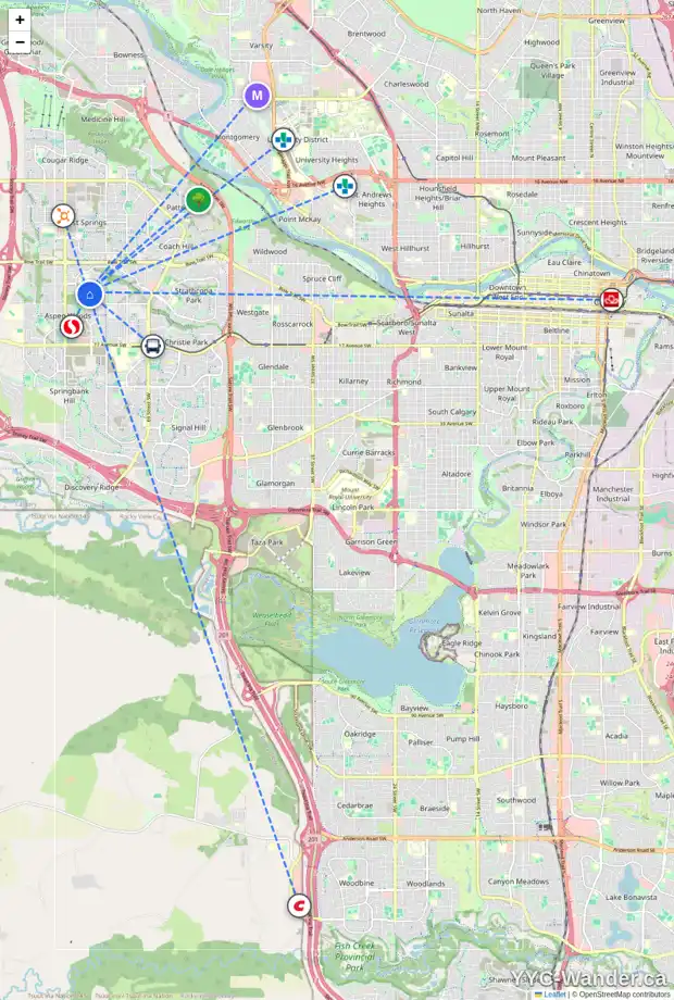 Daily accessibility map for 13 ASPEN SUMMIT CI SW, Calgary showing nearby schools, grocery stores, parks, LRT stations and nearby amenities