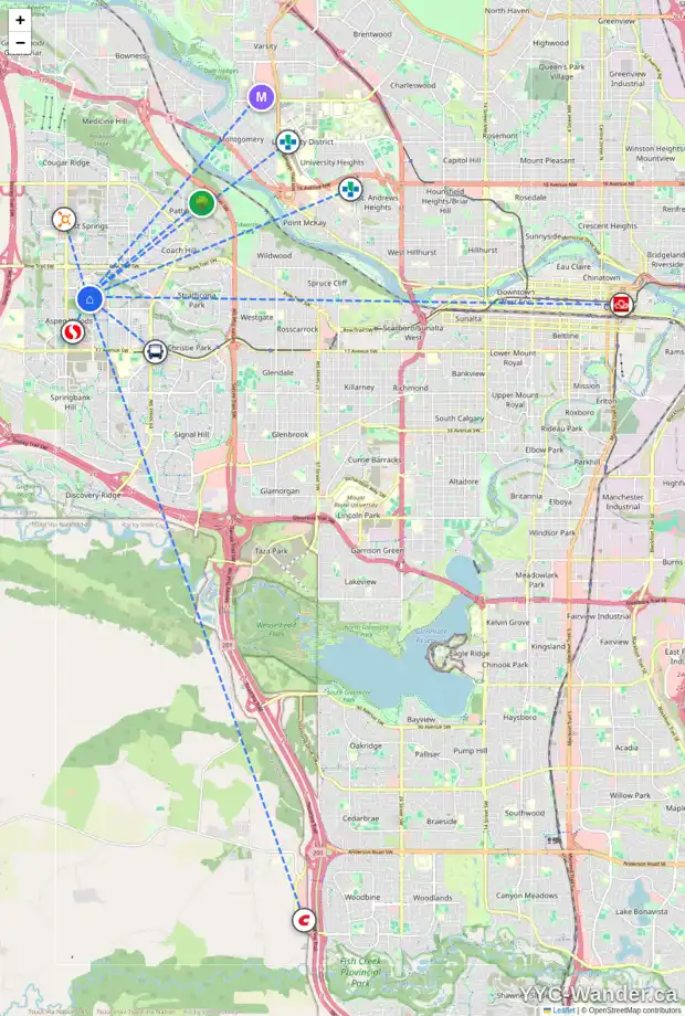 Daily accessibility map for 21 ASPEN SUMMIT CI SW, Calgary showing nearby schools, grocery stores, parks, LRT stations and nearby amenities