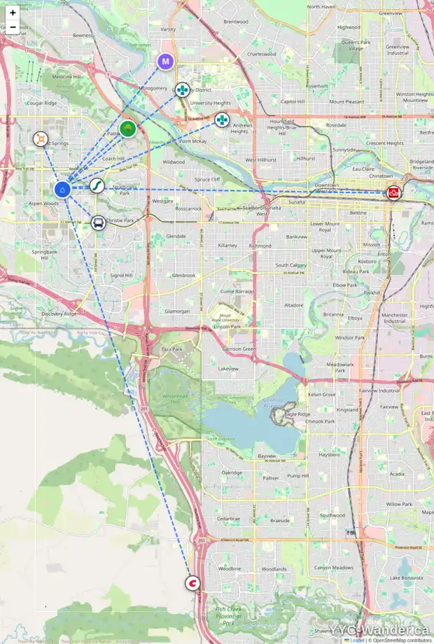 Daily accessibility map for 161 ASPEN SUMMIT CI SW, Calgary showing nearby schools, grocery stores, parks, LRT stations and nearby amenities