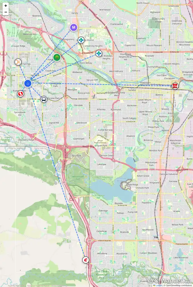 Daily accessibility map for 145 ASPEN SUMMIT CI SW, Calgary showing nearby schools, grocery stores, parks, LRT stations and nearby amenities
