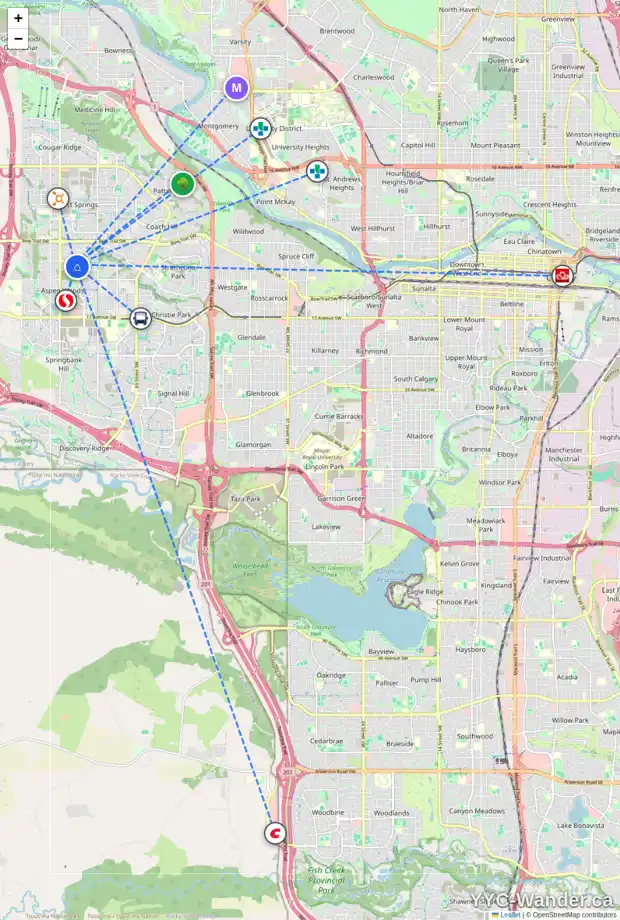 Daily accessibility map for 61 ASPEN SUMMIT CI SW, Calgary showing nearby schools, grocery stores, parks, LRT stations and nearby amenities
