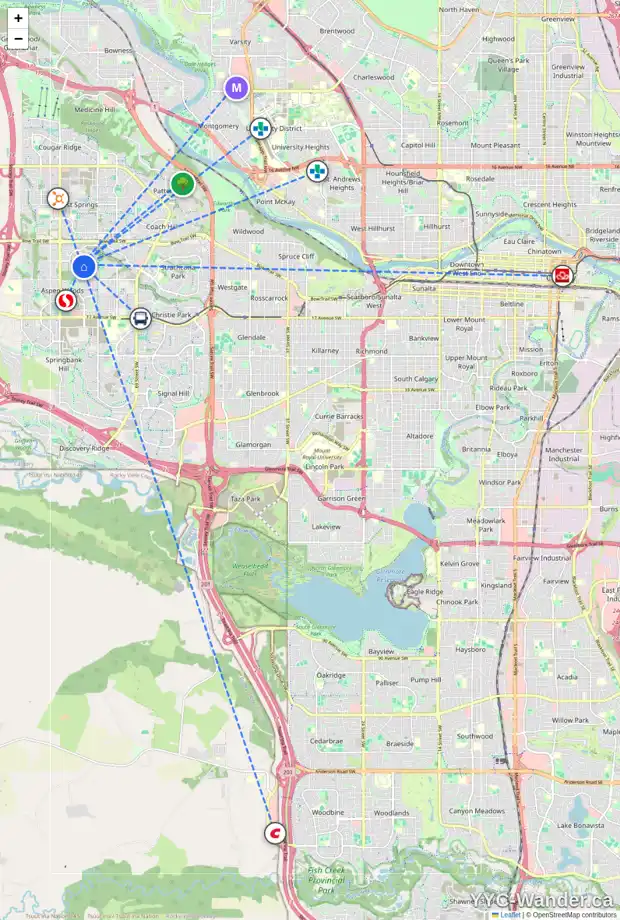 Daily accessibility map for 100 ASPEN SUMMIT CI SW, Calgary showing nearby schools, grocery stores, parks, LRT stations and nearby amenities
