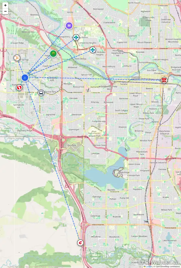 Daily accessibility map for 104 ASPEN SUMMIT CI SW, Calgary showing nearby schools, grocery stores, parks, LRT stations and nearby amenities