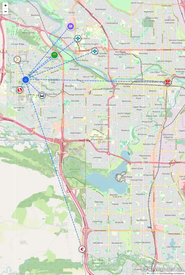 Daily accessibility map for 108 ASPEN SUMMIT CI SW, Calgary showing nearby schools, grocery stores, parks, LRT stations and nearby amenities