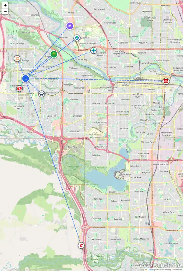 Daily accessibility map for 112 ASPEN SUMMIT CI SW, Calgary showing nearby schools, grocery stores, parks, LRT stations and nearby amenities