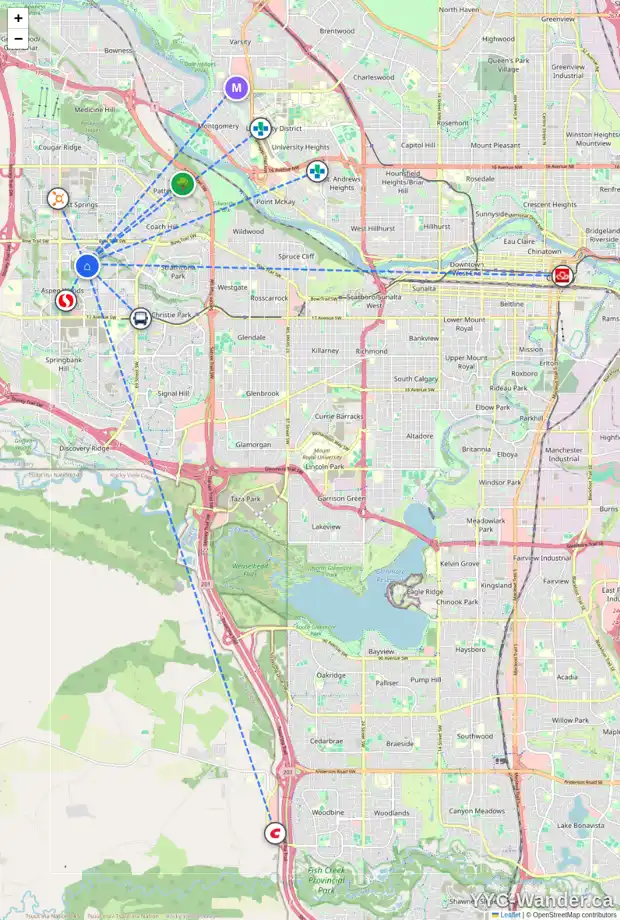 Daily accessibility map for 116 ASPEN SUMMIT CI SW, Calgary showing nearby schools, grocery stores, parks, LRT stations and nearby amenities